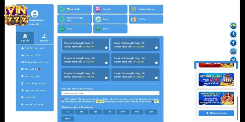 Hướng dẫn nạp tiền Vin777
